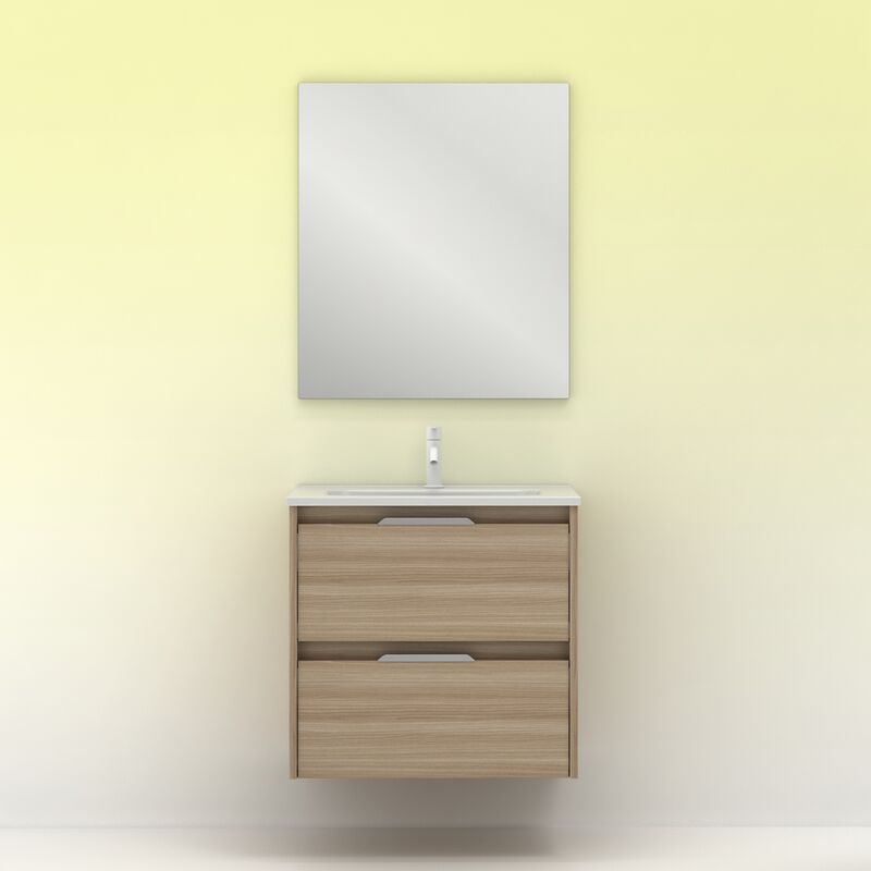 

Amizuva - Mueble de baño SUKI de 60 cms con dos cajones. Al.56,5 x An.60 x F.46. Acabado en Nogal Arenado. | Incluye lavabo cerámico y espejo.