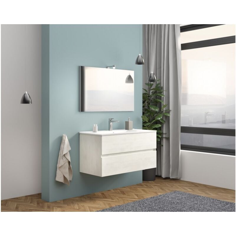 

Caesaroo - Mueble de baño suspendido 100 cm Lisbona en madera Roble blanco con lavabo y espejo | Con espejo y lámpara LED - Roble Blanco