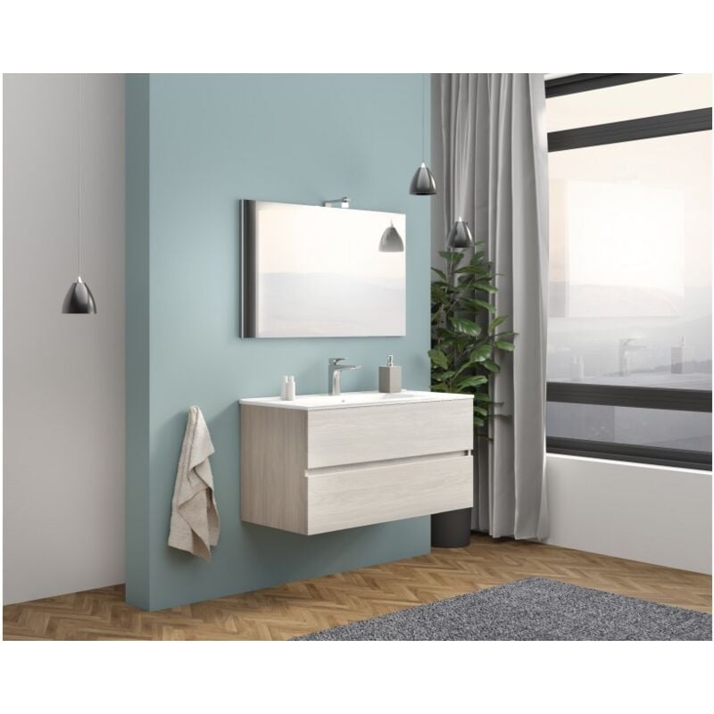 

Caesaroo - Mueble de baño suspendido 100 cm Lisbona en madera Roble gris con lavabo y espejo | Con espejo y lámpara LED - Roble Gris