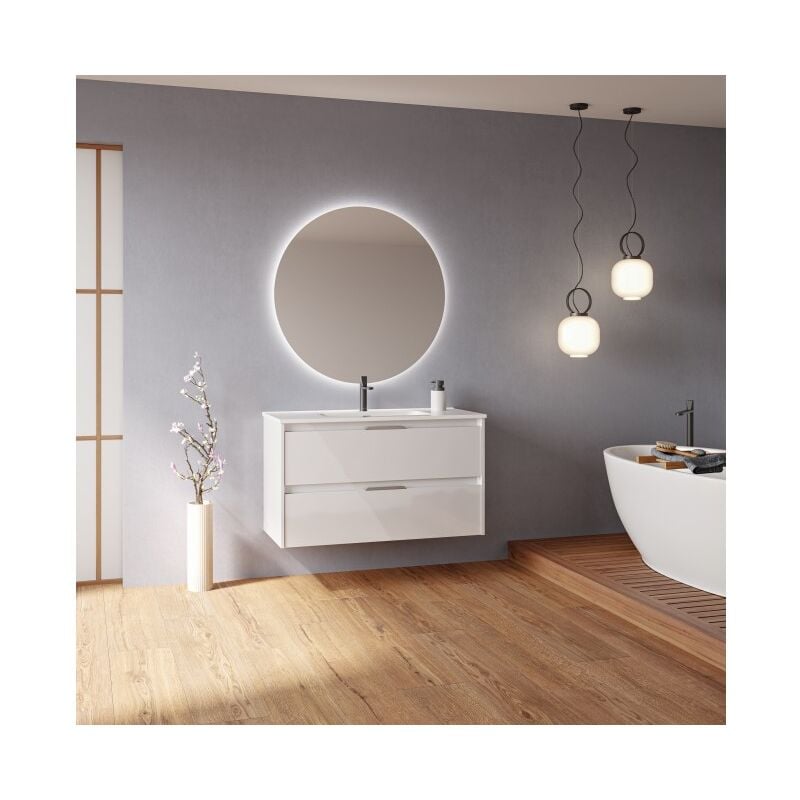 

Mueble de baño suspendido 100 cm Minnesota Blanco brillante con lavabo | Blanco - 100 cm - Con espejo y lámpara LED