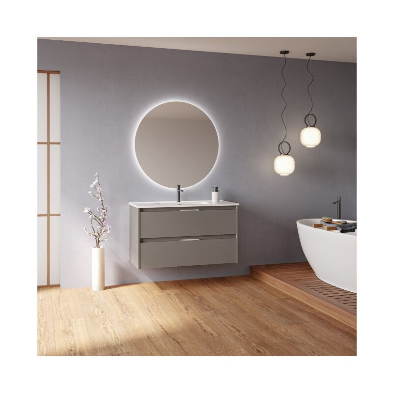 

Mueble de baño suspendido 100 cm Minnesota Fumé arenado con lavabo | 100 cm - Con espejo y lámpara LED - Humo