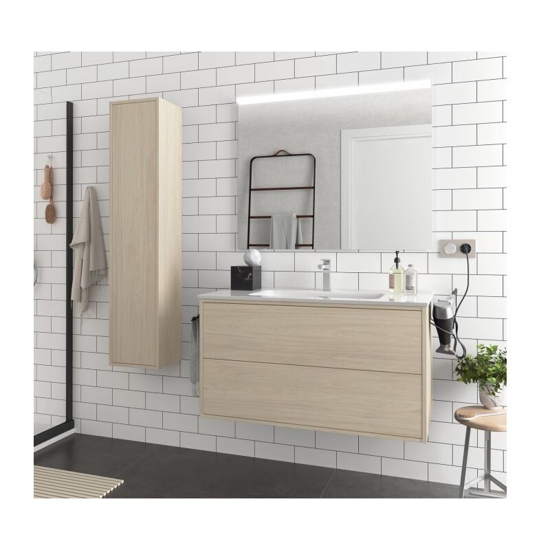 

Caesaroo - Mueble de baño suspendido 100 cm Ulisse de madera color Nordik con lavabo de porcelana | 100 cm - Con columna