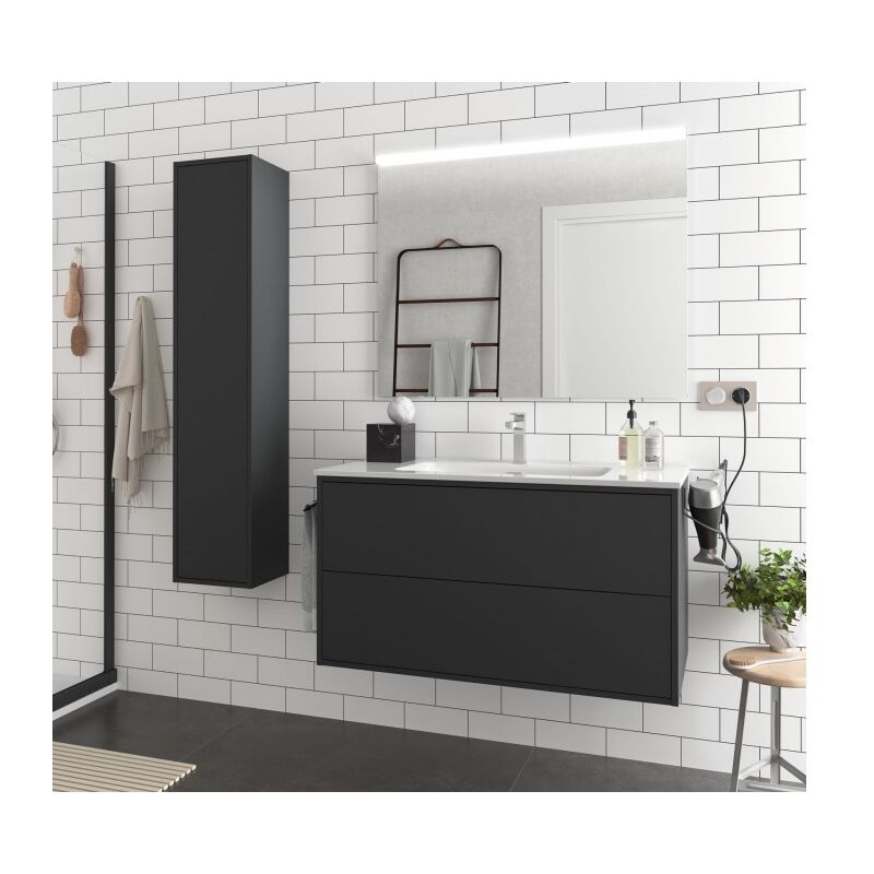 

Caesaroo - Mueble de baño suspendido 100 cm Ulisse de madera Negro mate con lavabo de porcelana | 100 cm - Con columna, espejo y lámpara LED