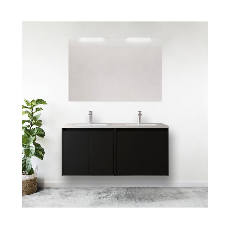 

Mueble de baño suspendido 120 cm de madera Gris Mate con cuatro puertas | Con espejo, doble columna y doble lámpara LED