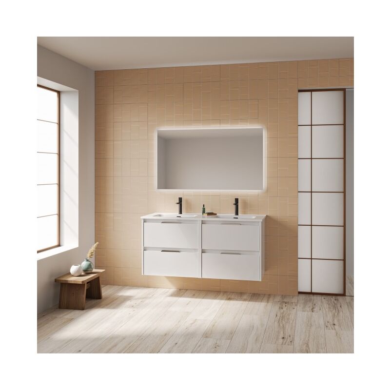 

Mueble de baño suspendido 120 cm Minnesota Blanco brillante con lavabo | Blanco - Con espejo y lámpara LED - 120 cm