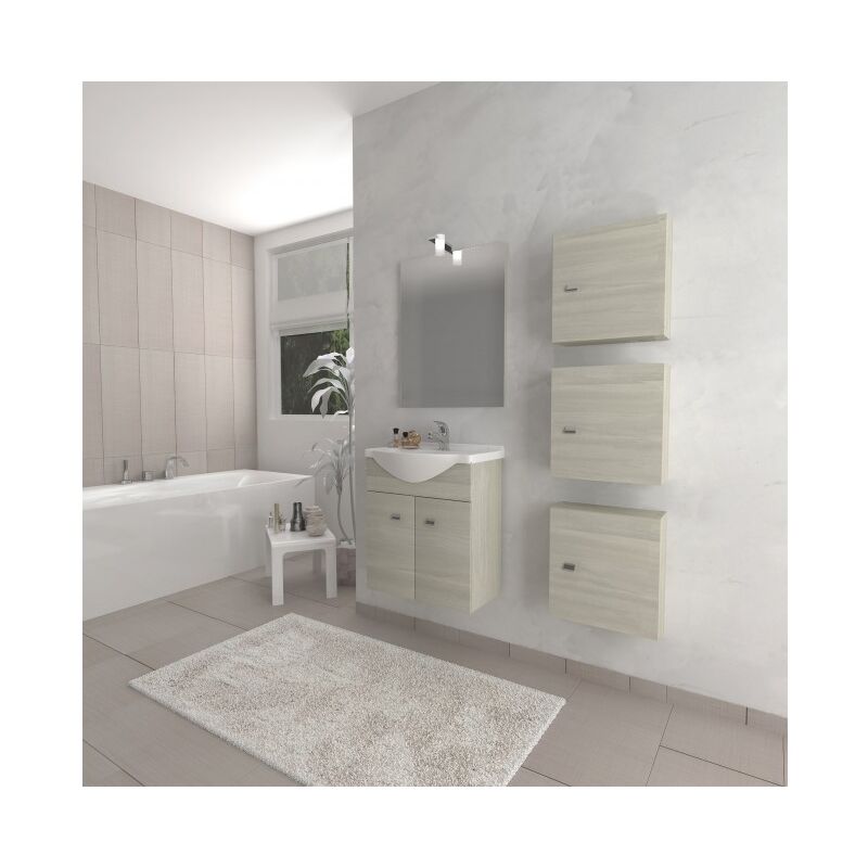 

Mueble de baño suspendido 55 cm de madera roble gris con lavabo de cerámica y espejo con lámpara Led | Con espejo y lámpara LED - 55 cm - Roble Gris