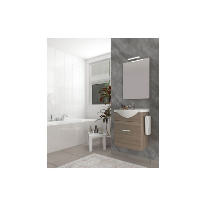 

Mueble de baño Holly 55 cm en madera de roble fumé con un cajón y lavabo de cerámica | Con espejo y lámpara LED - 55 cm - Roble Smoke