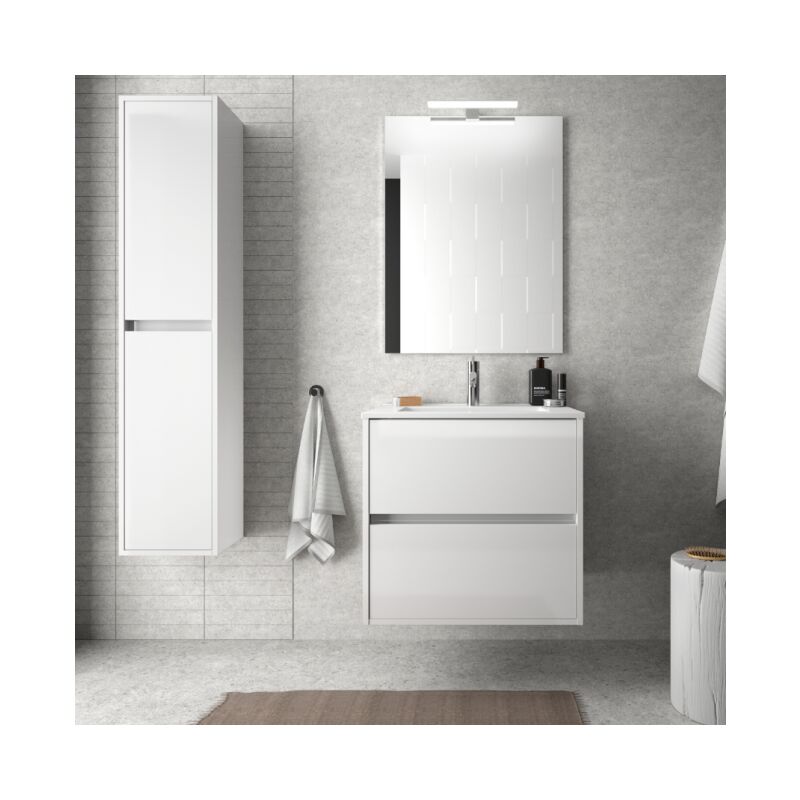 

Mueble de baño suspendido 60 cm de madera lacado blanco brillante con lavabo de porcelana | Standard