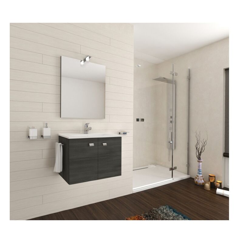 

Mueble de baño suspendido 60 cm de madera roble oscuro con lavabo de cerámica y espejo con lámpara Led | roble oscuro - 60 cm - Con espejo y lámpara