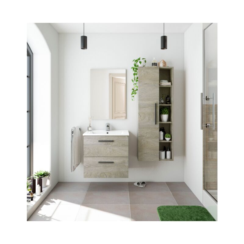 

Mueble de baño suspendido 60 cm Roble con Lavabo y Espejo | Roble claro - Con lámpara Led