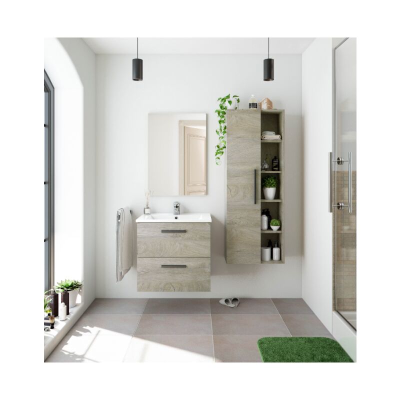 

Mueble de baño suspendido 60 cm Roble con Lavabo y Espejo | Roble claro - Standard