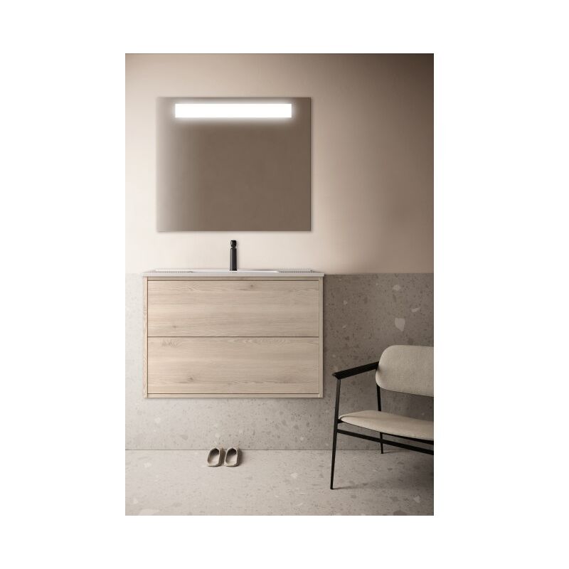 

Caesaroo - Mueble de baño suspendido 80 cm Ulisse de madera color Nordik con lavabo de porcelana | 80 cm - Con columna, espejo y lámpara LED