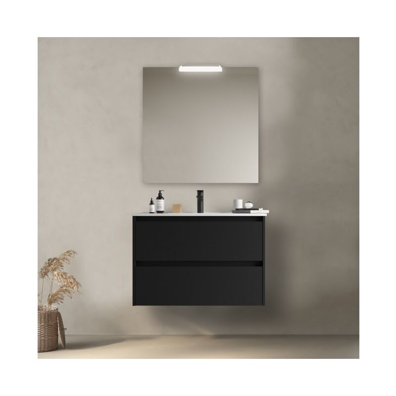 

Mueble de baño suspendido 80 cm Ulisse de madera Negro mate con lavabo de porcelana | 80 cm - Standard