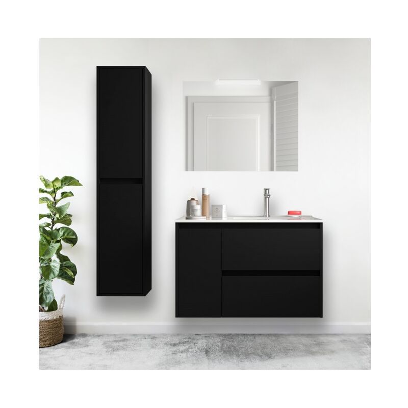 

Caesaroo - Mueble de baño suspendido 85 cm de madera Gris Mate con lavabo a la derecha | Con espejo y lámpara LED