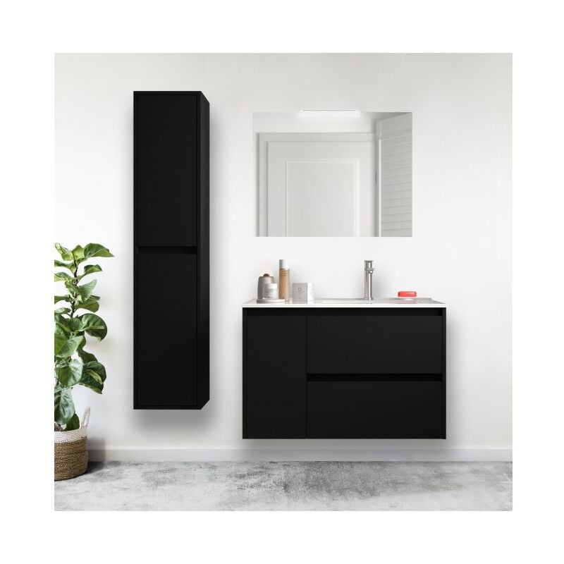

Caesaroo - Mueble de baño suspendido 85 cm de madera Gris Mate con lavabo a la derecha | Con columna, espejo y lámpara LED
