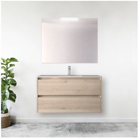 Mueble de baño suspendido 90 cm de madera Roble Caledonia con lavabo de porcelana