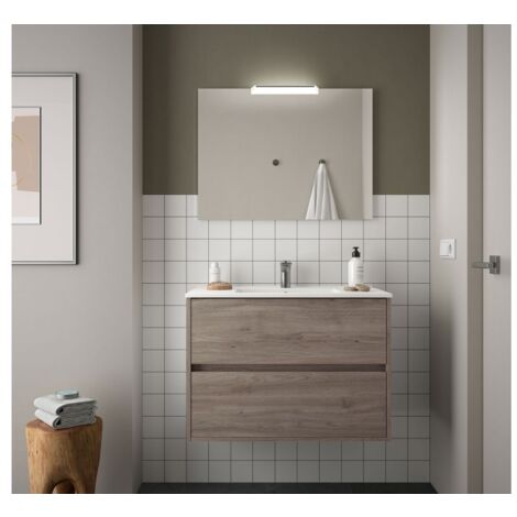 Mueble de baño suspendido 90 cm de madera Roble Eternity con lavabo de porcelana