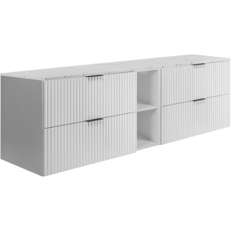 Mueble de baño suspendido, blanco / encimera de mármol blanco impreso (MDF), 180 x 57 x 46 cm