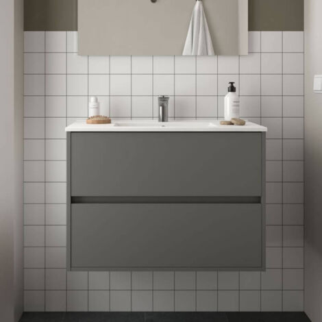 Mueble de baño suspendido Claros80 gris mate con lavabo 2 cajones 80x45x56h