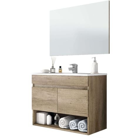 MIROYTENGO Suspendido con 2 Puertas y Espejo, Módulo Colgante con Lavabo PMMA Roble Nordik 80x64x45 cm