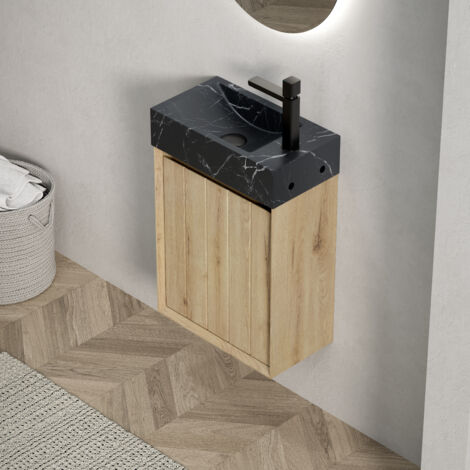 Mueble de baño suspendido con encimera de mármol negro armario de madera contrachapada a rayas y acabado en roble blanco