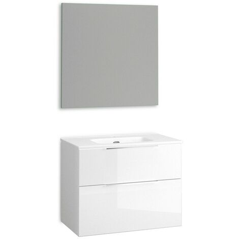 Mueble de Baño Suspendido con Espejo y Lavabo Cerámico  2 cajones con Cierre Amortiguado y Organizador  100 cm Blanco Brillo Tirador Cromo