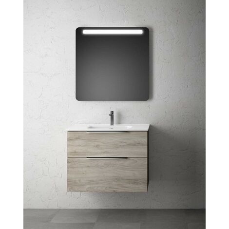Mueble de Baño Suspendido con Lavabo Cerámico  2 cajones con Cierre Amortiguado y Organizador  70 cm  Pino Gris - Cromo