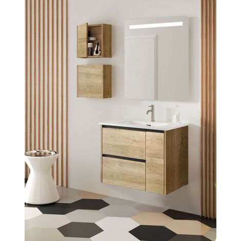 Mueble de Baño Suspendido con Lavabo Cerámico | 2 cajones y Puerta Lateral con Cierre Amortiguado y Organizador | 70-100cm