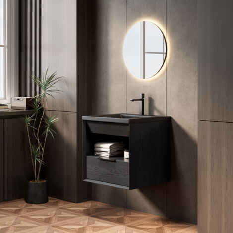 Mueble de baño suspendido con lavabo cerámico integrado bajo encimera estantes y cajones acabado color madera negra