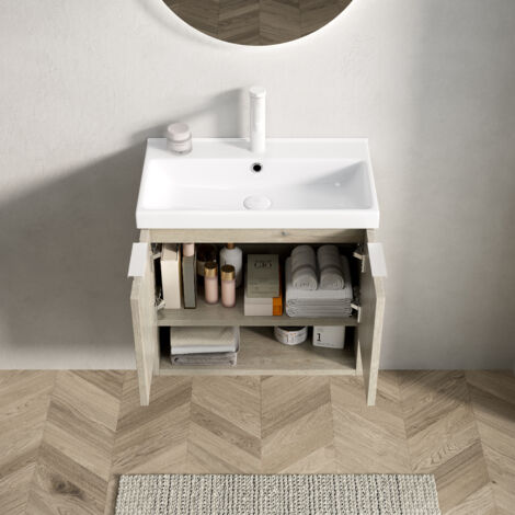Mueble de baño suspendido con lavabo de cerámica blanca armario de doble puerta y estantes abiertos color crema roble