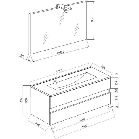 Mueble de baño suspendido de 100 cm en madera de roble ahumado con lavabo y espejo - Empoli - Con espejo y lámpara LED