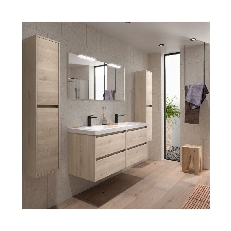 

Mueble de baño suspendido de 140 cm en madera marrón Caledonia con lavabo de mármol mineral | Con doble espejo y LED - 140 cm