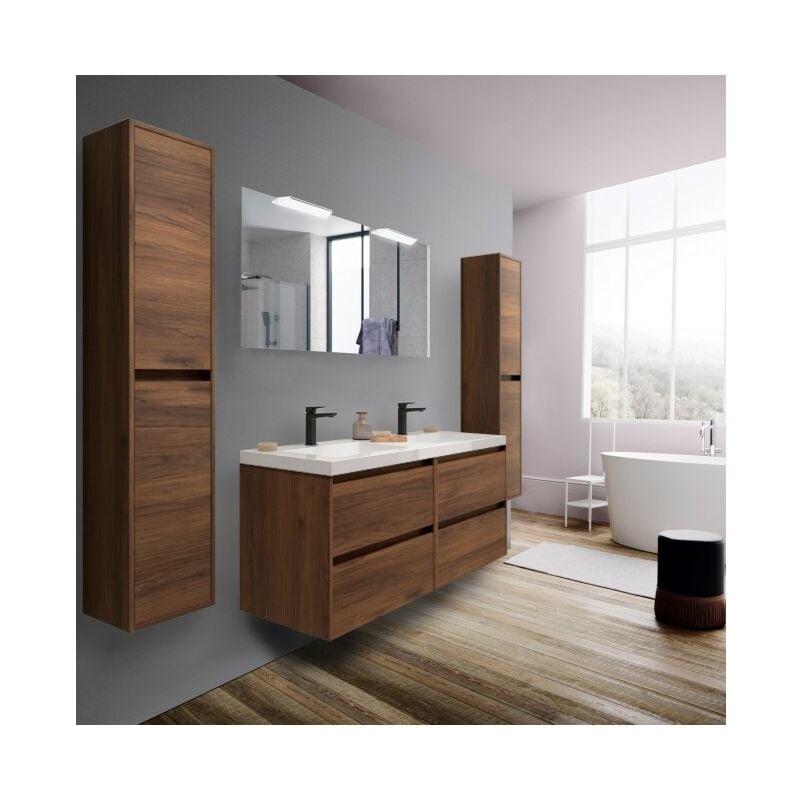 

Mueble de baño suspendido de 140 cm en madera Roble Eternity con lavabo de mármol mineral | Con doble espejo y LED - 140 cm