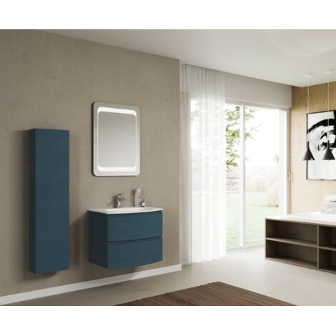 Mueble de baño suspendido de 70 cm en madera azul petróleo con lavabo - Arona - Specchio rotondo touch con LED