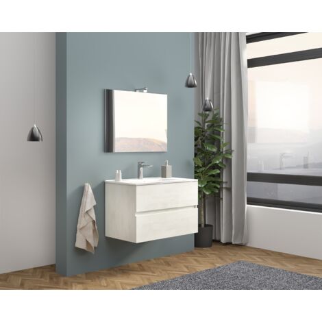 Mueble de baño suspendido de 80 cm en madera de roble blanco con lavabo y espejo - Empoli - Con espejo y lámpara LED