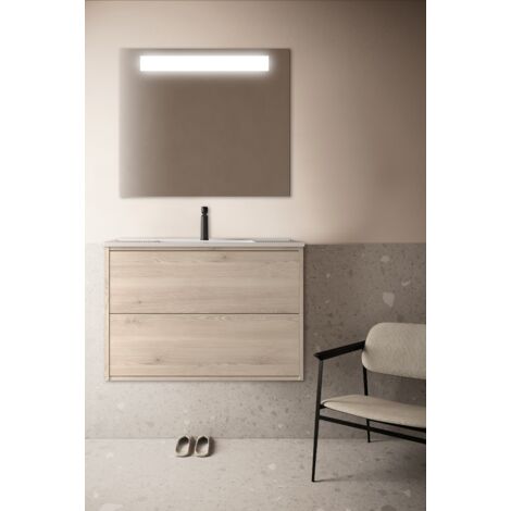 Mueble de baño suspendido de 80 cm en madera natural con lavabo incorporado - Olympus - 80 cm Con Doble Columna Espejo y Lámpara Led - Accessorio: Standard - Misura: 80 cm