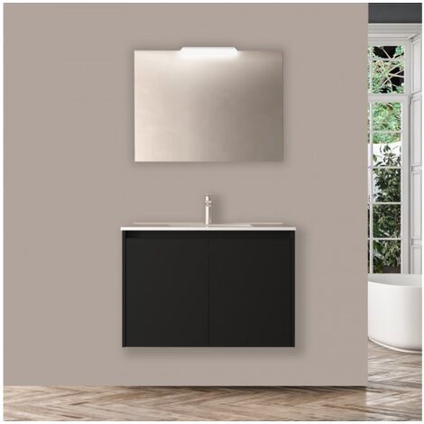Mueble de baño suspendido de 80 cm en madera negro satinado con 2 puertas y lavabo - Nova - Standard