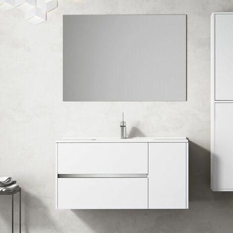 Mueble de baño suspendido Itaca con lavabo y Espejo. Se envía montado 100 CM. Blanco Brillo