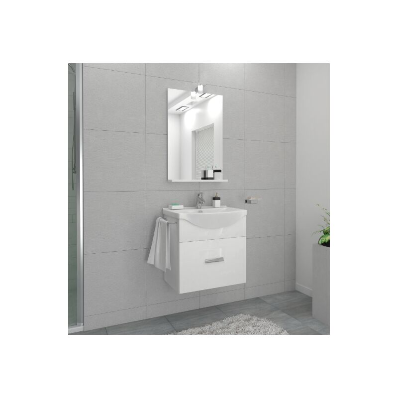 

Caesaroo - Mueble suspendido 55 cm Ocean de madera blanca brillante con espejo y lavabo | Blanco brillo