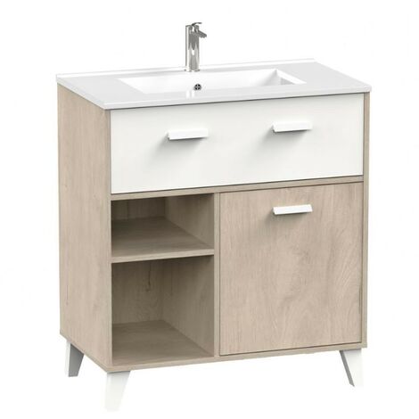Mueble de baño Tigris Color Roble y Blanco Aseo Estilo Moderno 90x82x47 cm Lavabo CERÁMICO Incluido