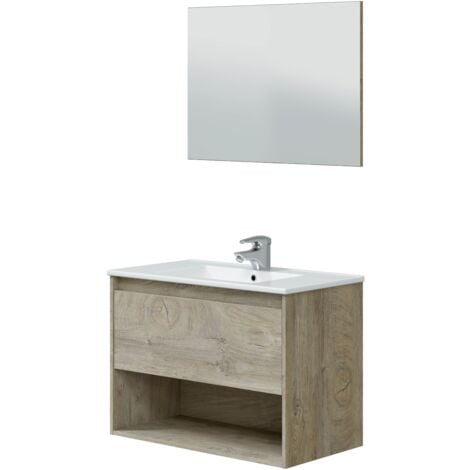 Mueble de Baño Van 80 cm suspendido con un cajón, un hueco y espejo en roble Alaska.