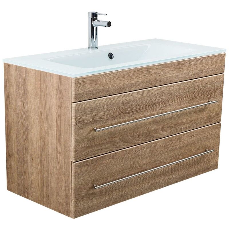 

Mueble de baño Vitro 1000 con lavabo de cristal Roble claro