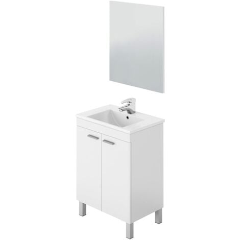 Mueble de baño y espejo 2 puertas color blanco brillo estilo moderno 60x45 cm lavabo CERÁMICO incluido
