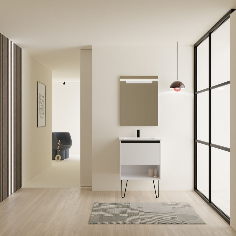 

Amizuva - Mueble de baño YOKO de 60 cms con 1 cajón y 1 hueco. Al.56,5 x An.60 x F.46. Acabado en Blanco Brillo | Incluye lavabo cerámico.