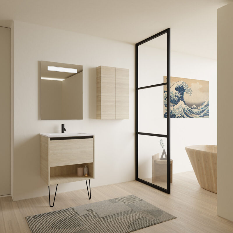 

Amizuva - Mueble de baño YOKO de 60 cms con 1 cajón y 1 hueco. Al.56,5 x An.60 x F.46. Acabado en Roble Arenado | Incluye lavabo cerámico.