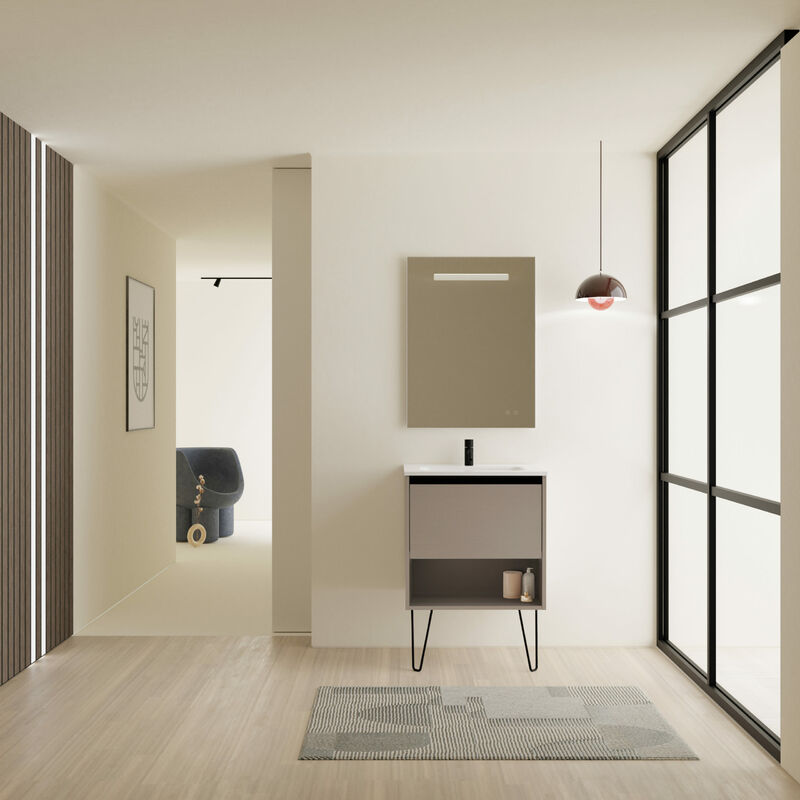 

Amizuva - Mueble de baño YOKO de 60 cms con 1 cajón y 1 hueco. Al.56,5 x An.60 x F.46. Acabado en Fumé Arenado | Incluye lavabo cerámico.