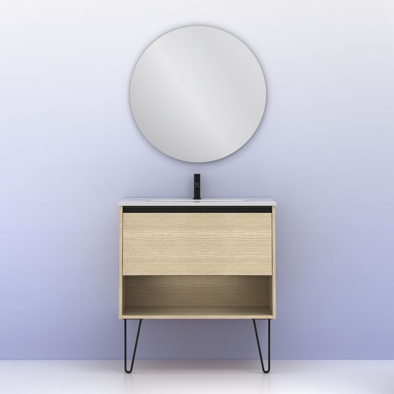 

Mueble de baño YOKO de 80 cms con 1 cajón y 1 hueco. Al.56,5 x An.80 x F.46. Acabado Roble Arenado | Incluye lavabo cerámico.