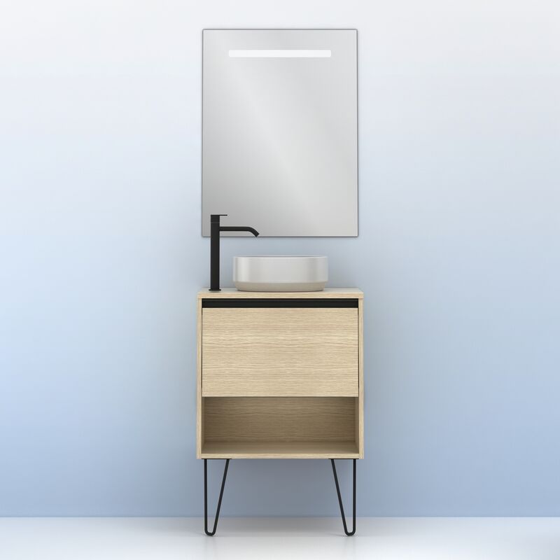 

Amizuva - Mueble de baño YOKO de 80 cms con 1 cajón y 1 hueco. Al.56,5 x An.80 x F.46. Acabado Roble Arenado | Incluye lavabo cerámico y espejo.