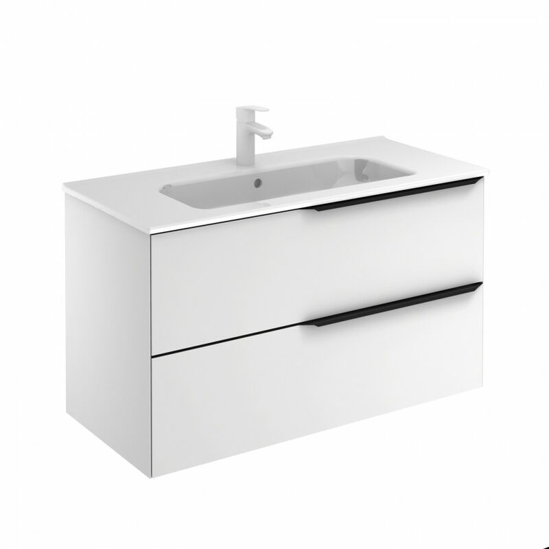 

Mueble de baño 100 Mio con Lavabo Slim 2 Cajones Roble blanco Tirador arena