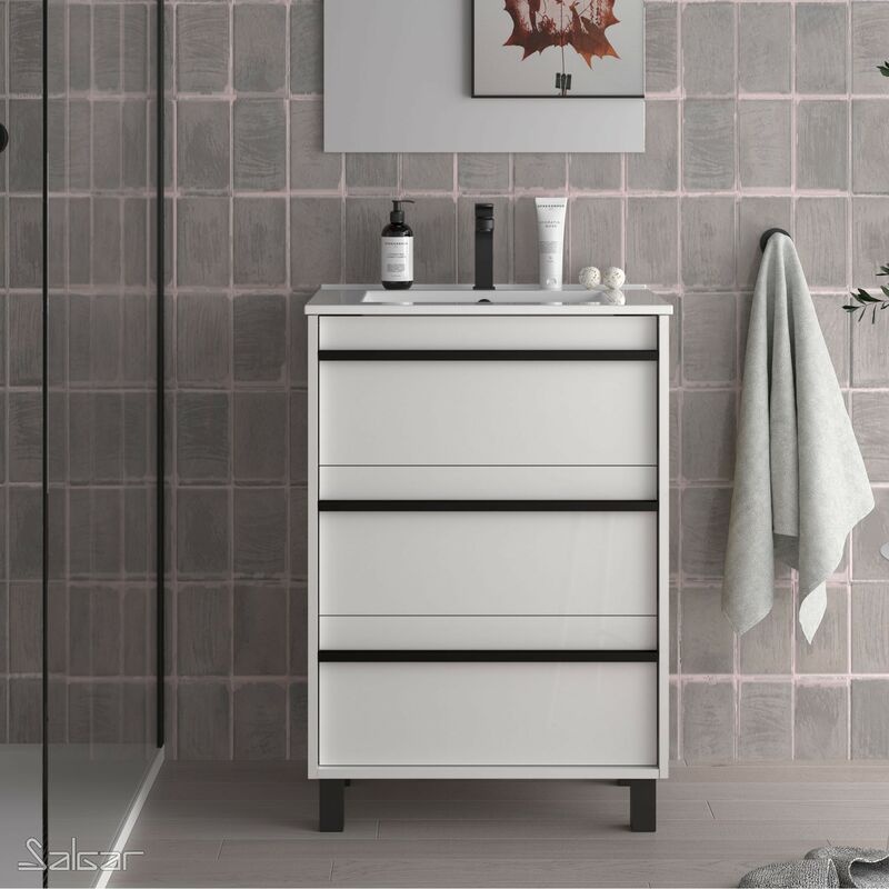 

Mueble de baño ATTILA 60 Blanco 3 cajones + Lavabo - Blanco brillo